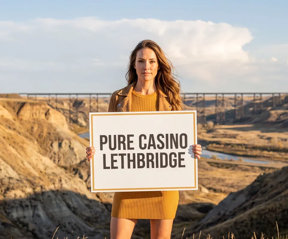 The guide character on the coulee rim holding a board that reads PURE Casino Lethbridge, a railway trestle across the valley behind her